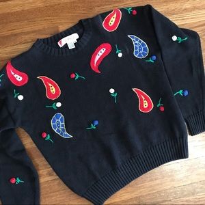 vintage Roses & paisley sweater beaded S 90s